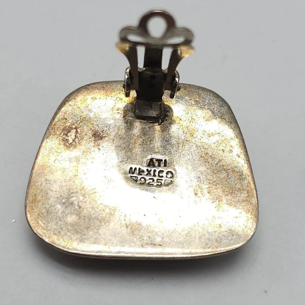 Vintage ATI Mexican Sterling Silver Abalone Shell Clip-On Earrings Square Design